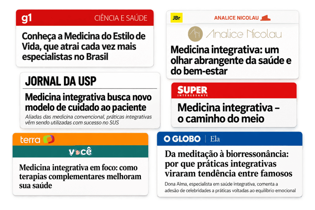 Montagem de manchetes de g1, Jornal da USP, Terra, Super Interessante e O Globo sobre visão integrativa